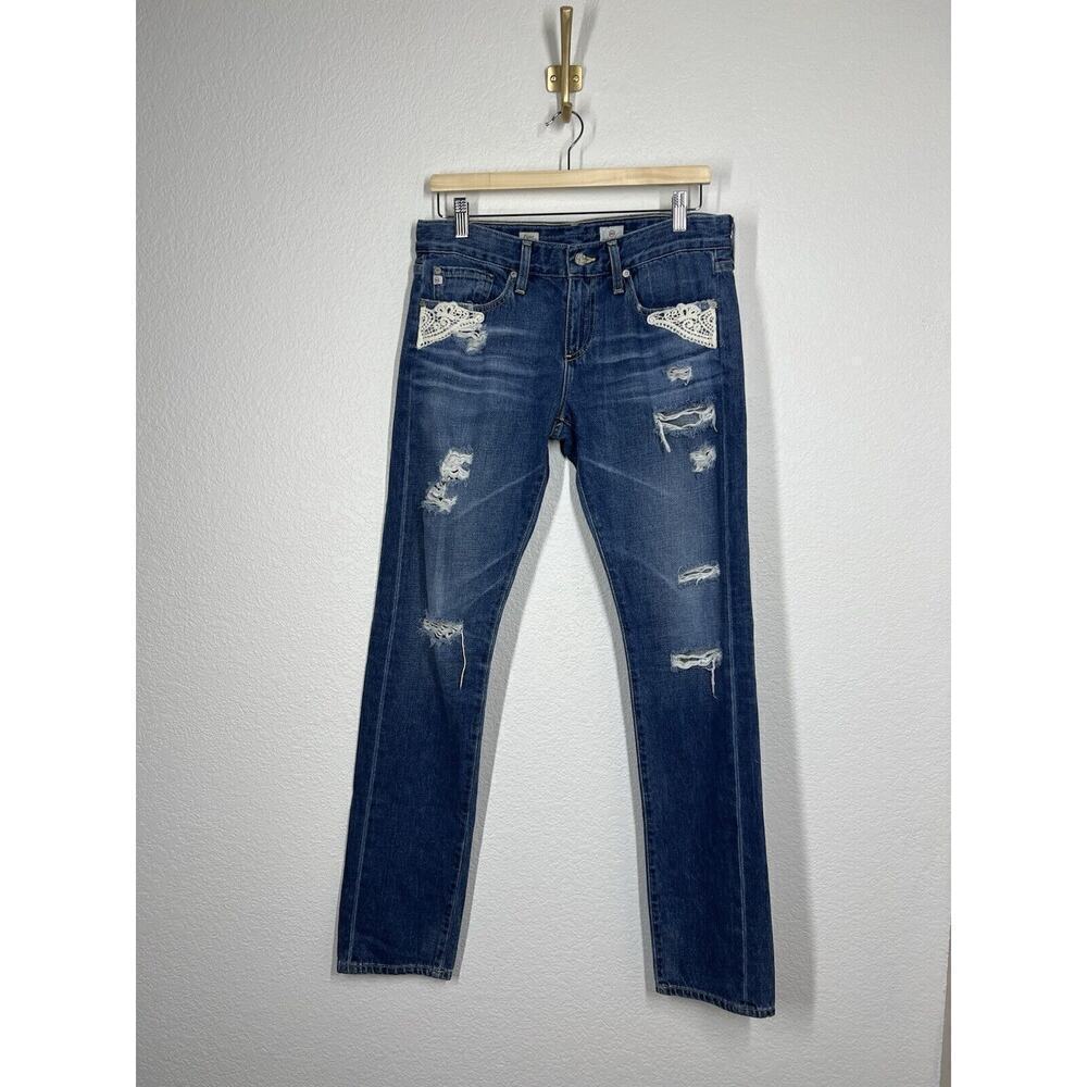 AG Adriano Goldschmied Piper Slouchy Slim Jeans Size 28 Lace Trim Distressed